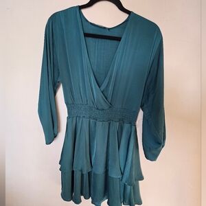 Zara Teal V-Neck Dress with Ruffle Hem